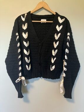 NWT Lena Black V-Neck Cardigan with White Ribbon Detail